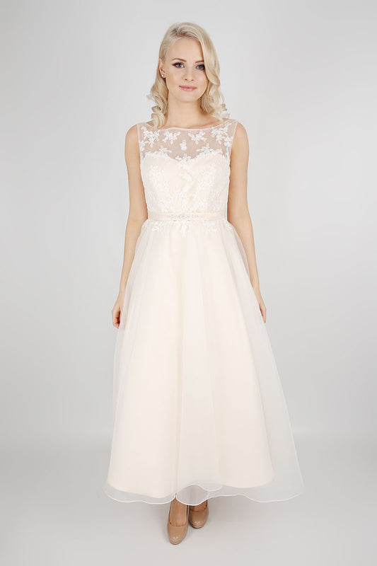 The Luna tea length wedding dress in champagne