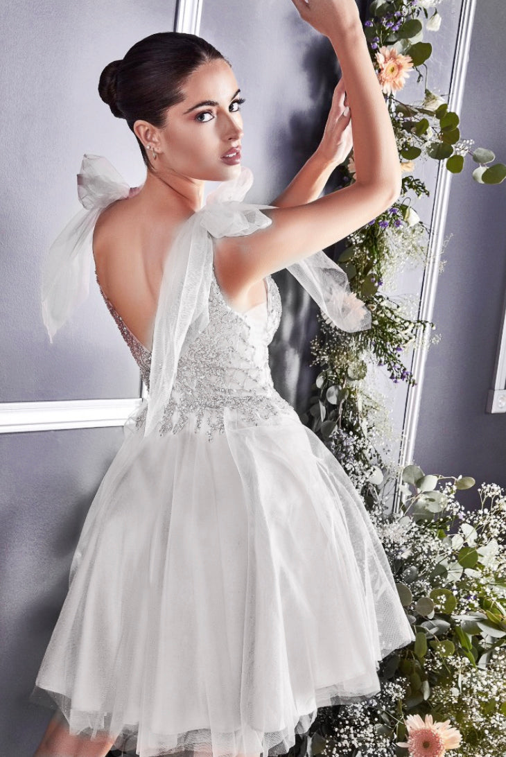 Back of the Emily short layered off white tulle dress with beaded bodice and tulle tie straps
