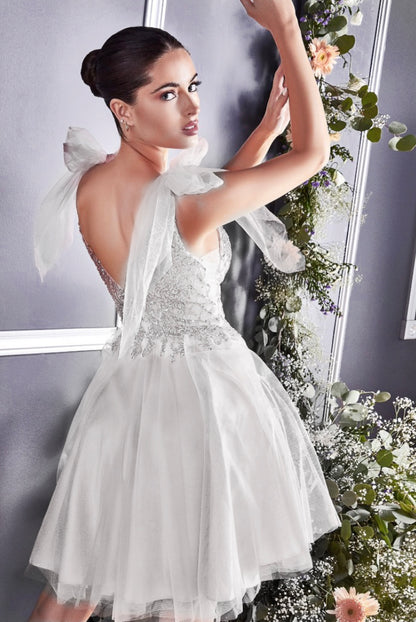 Back of the Emily short layered off white tulle dress with beaded bodice and tulle tie straps