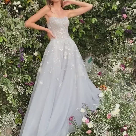 Video of the Selene constellation dream sweetheart embroidered and tulle bridal, prom or ball gown with a corset back.
