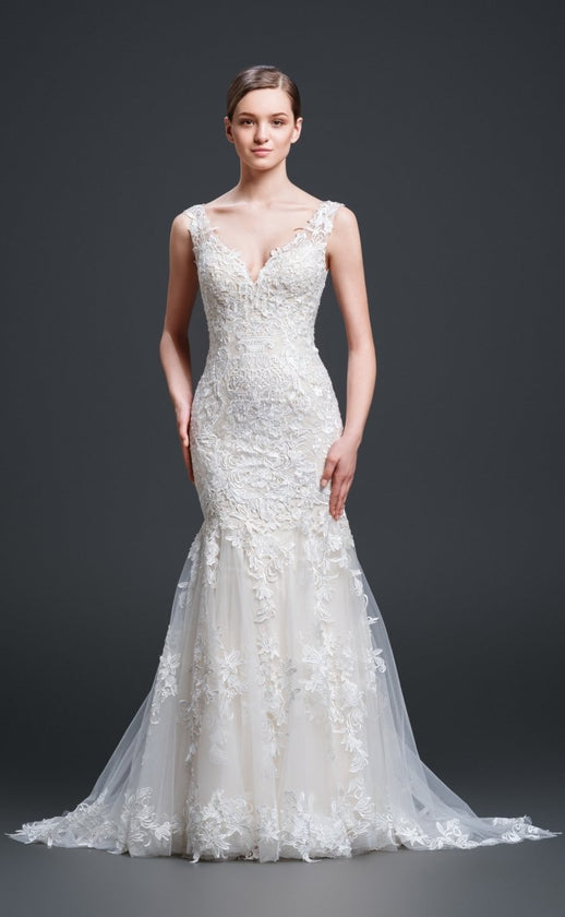 gi-mina Fitted bodice wedding gown with fit and flare trained skirt