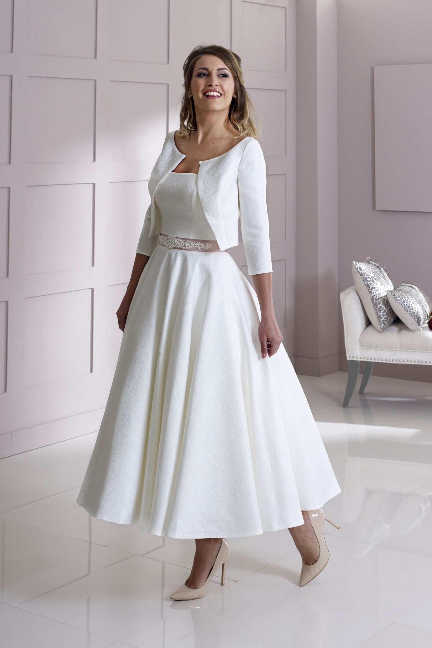 Brocade strapless gown shown with optional jacket