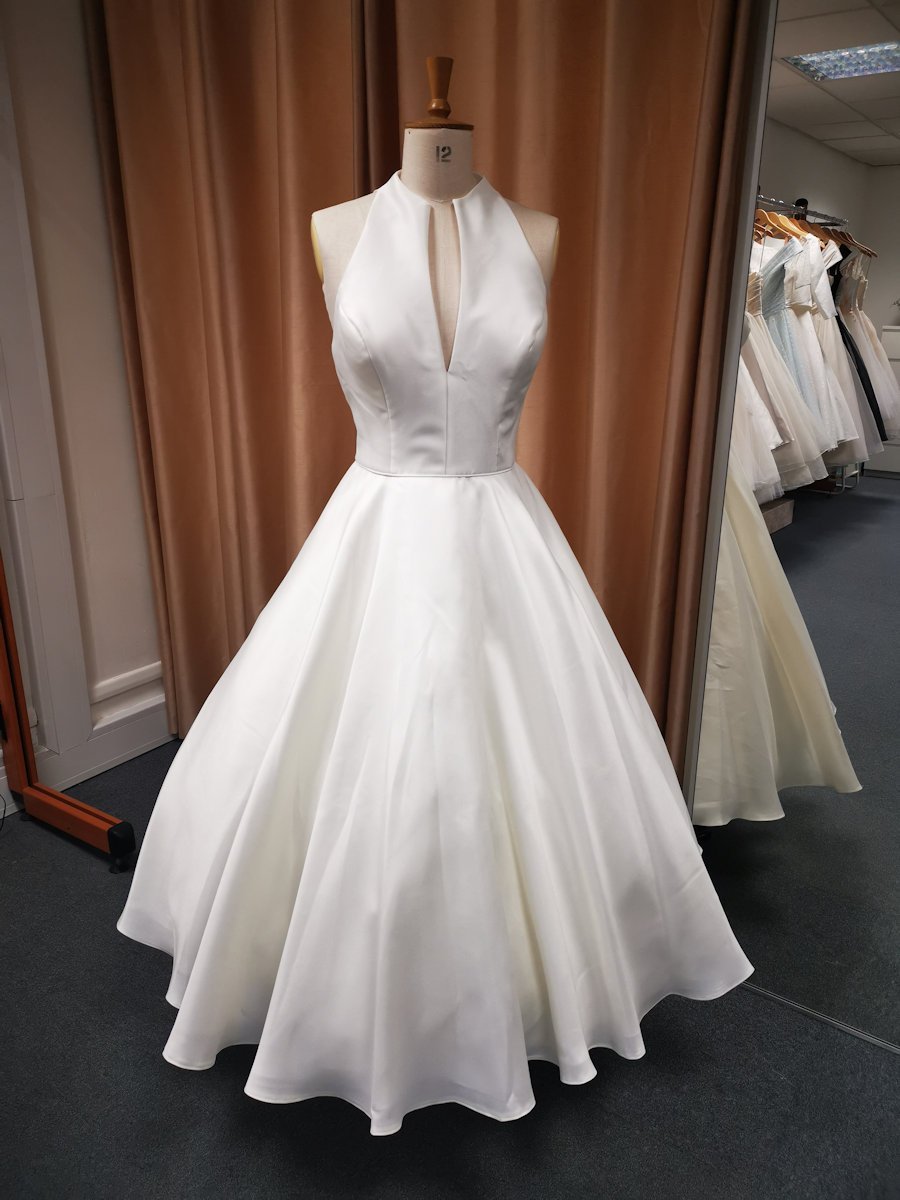 Mikado tea length bridal gown available in various colours