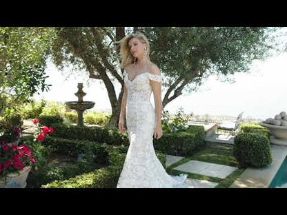 Evelyn Boho off-shoulder fit and flare wedding dress in motion