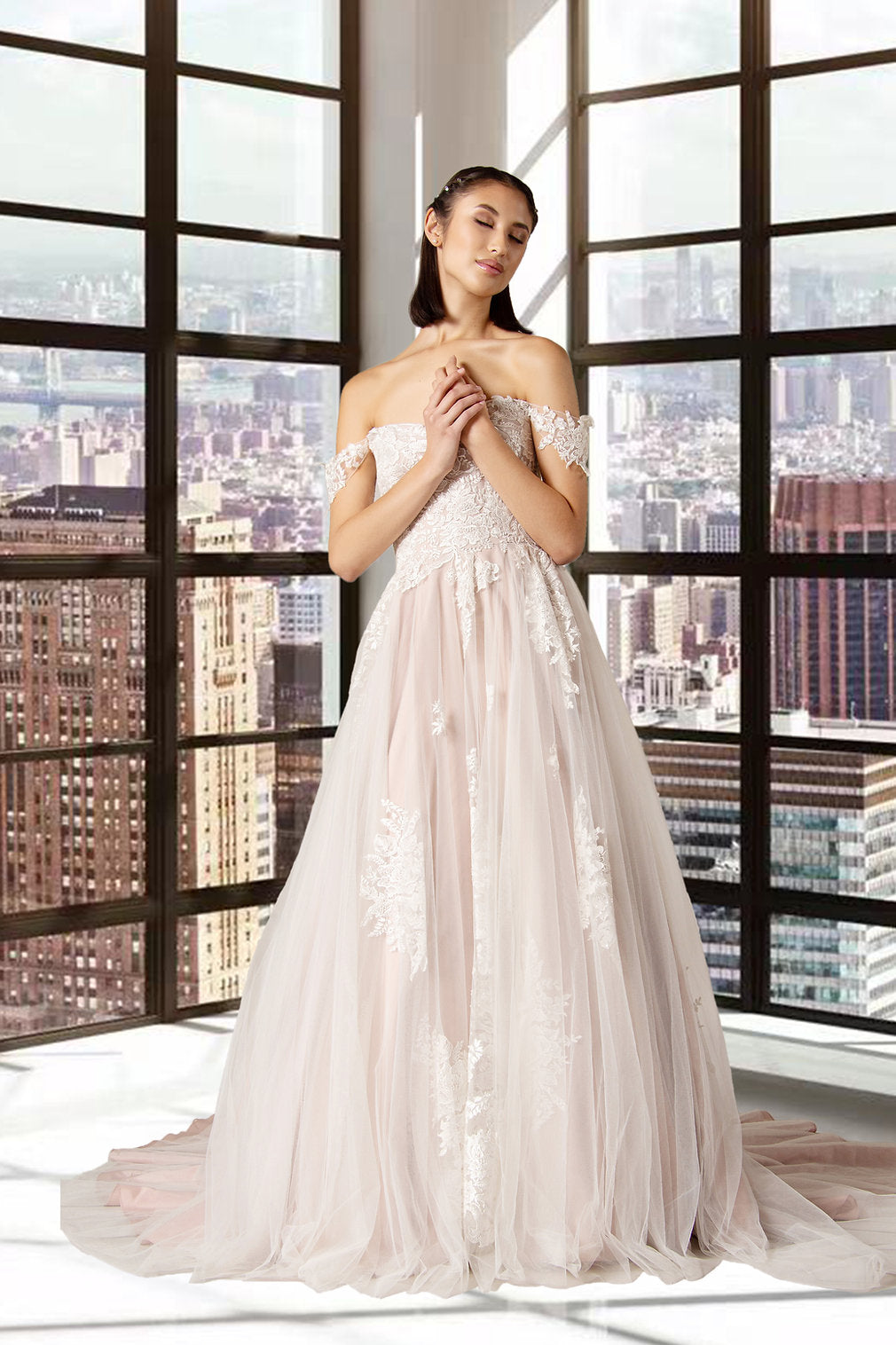 The Joni off-the-shoulder Boho wedding gown with luxury lace bodice,  drop shoulder straps and zip back.