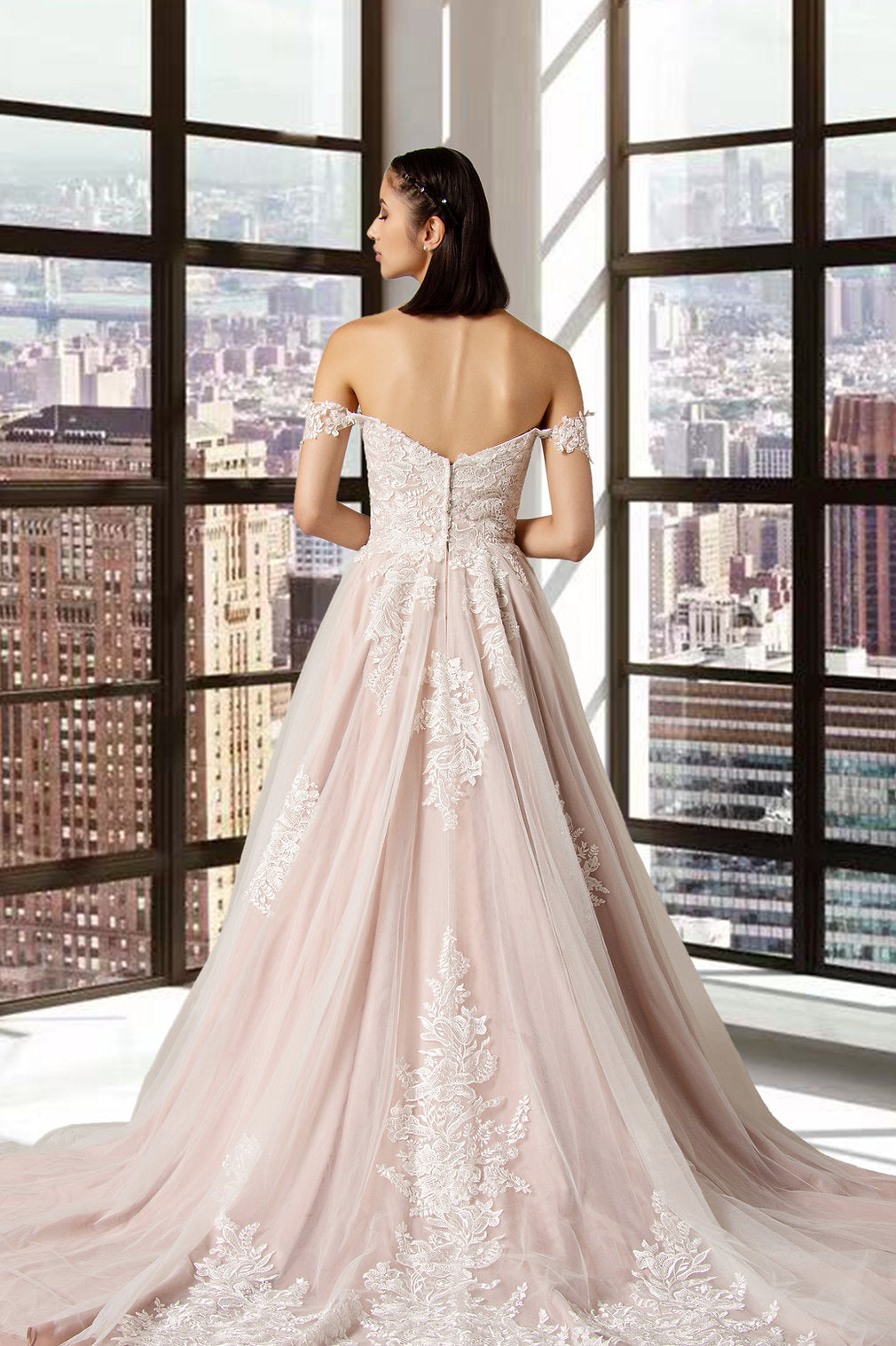 Back of the Joni off-the-shoulder Boho bridal gown with luxury lace bodice,  drop shoulder straps and zip back.