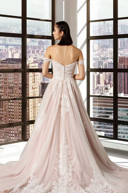 Back of the Joni off-the-shoulder Boho bridal gown with luxury lace bodice,  drop shoulder straps and zip back.