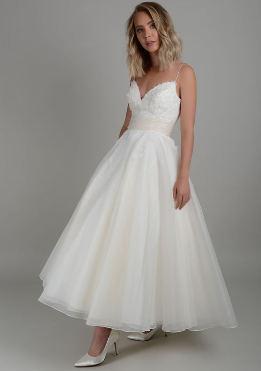 Silk organza strappy tea length wedding dress