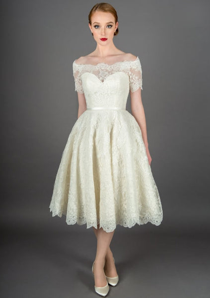 Fifties Style Tea Length Wedding Dress With Glamorous Off The Shoulder ...