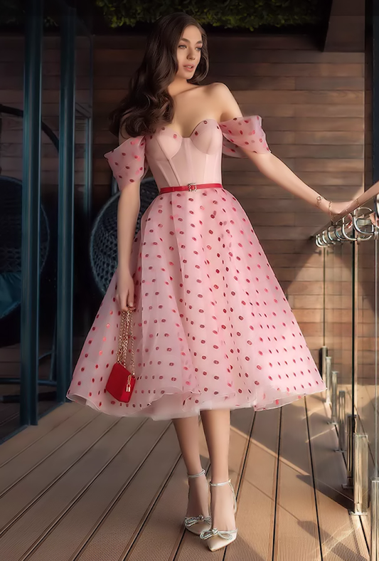 Exposed bone bodice, spotty tea length wedding gown with cute metallic dotty finish and off the shoulder straps. - om-2021-1546prd