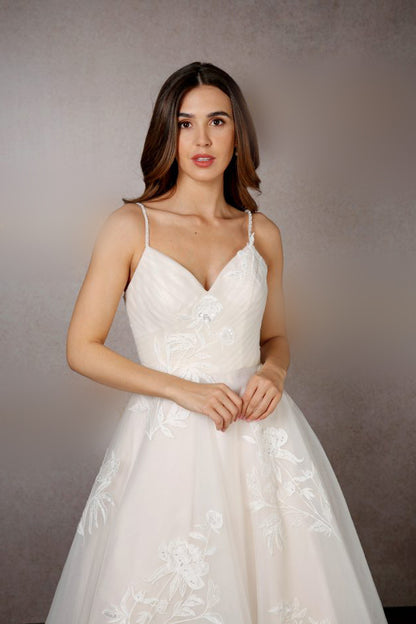 Closeup of pleated tulle tea length wedding dress with thin bodice straps | rd-iris