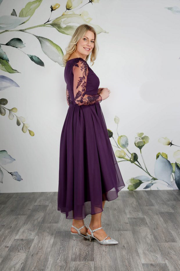 Side of tea length wedding dress in amethyst with high low hem and a fully pleated chiffon skirt | rd-linton