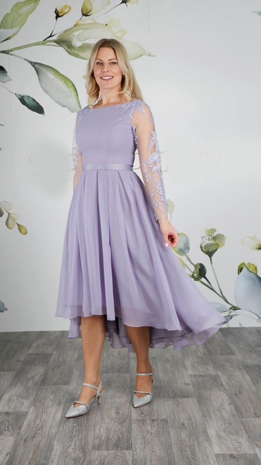 Tea length wedding dress in wisteria with  high low hem and a fully pleated chiffon skirt | rd-linton