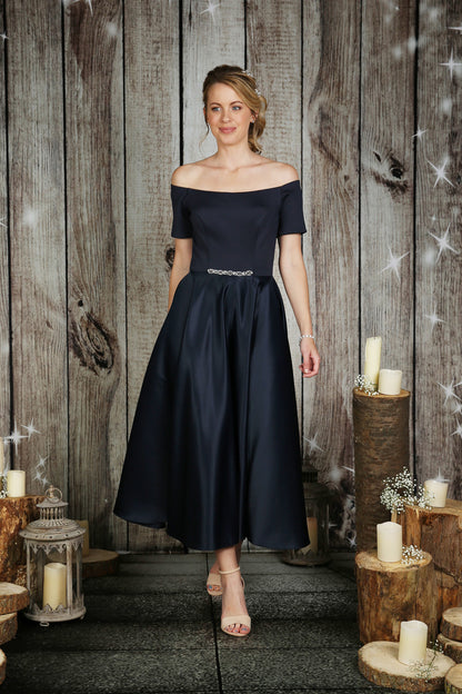 The Rosemary tea length satin wedding dress in navy