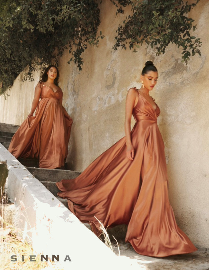 The Selena floor length satin dress with adjustable shoulder ties