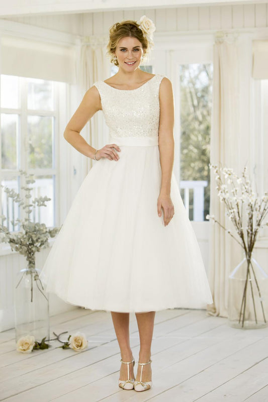tb-jennifer  Tea length bridal gown with flared skirt, stunning sequined bodice and satin sash to waist.