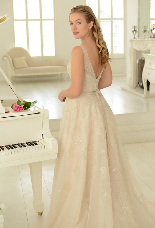 Sequin embroidered tulle Fifties style tea length wedding gown